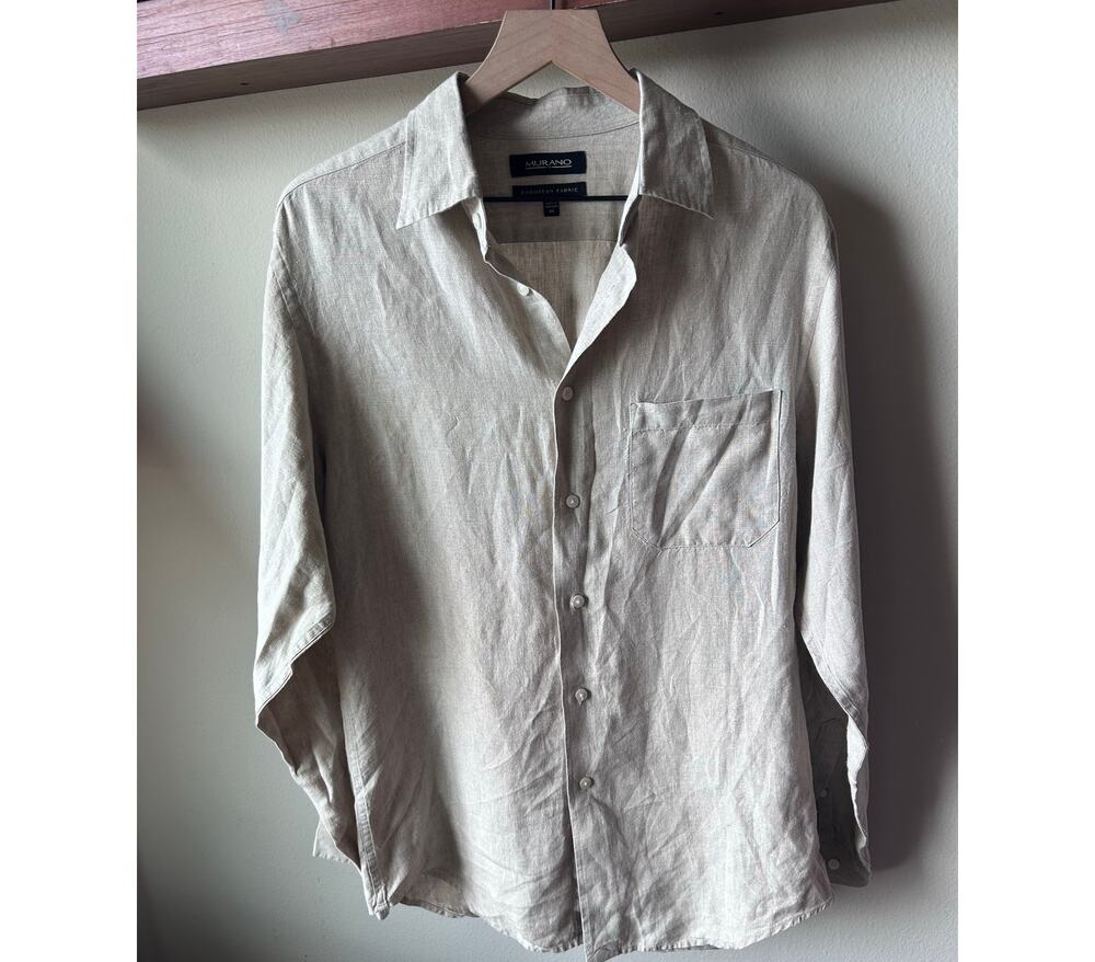 Murano European Fabric Linen Button Down Shirt Cream Beige Mens M